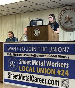 Sheet Metal Workers Local 24 Apprenticeship Instructor McKenzie Quinn explained how a Community Benefits Agreement can help both minorities and women get into good-paying jobs that provide great benefits on the $2 billion expansion of John Glenn International Airport.